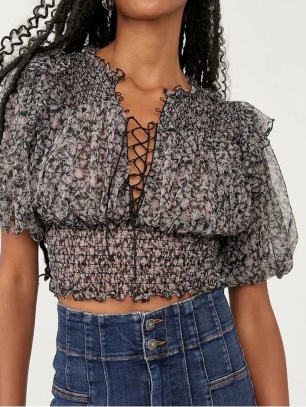 Free People NWT Smocked Floral Top Puff Sleeve Lace Up Crop Boho Size M